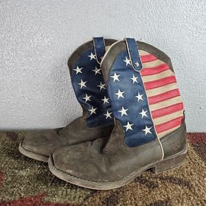 Roper American Flag Cowboy Boots Mens 8 Patriotic Square Toe Brown Rodeo